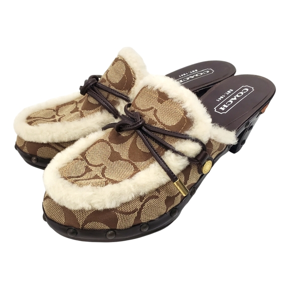 COACH Sandals RUTHIA Monogram Faux Fur Slip-on Wooden Wedge - Picture 1 of 9